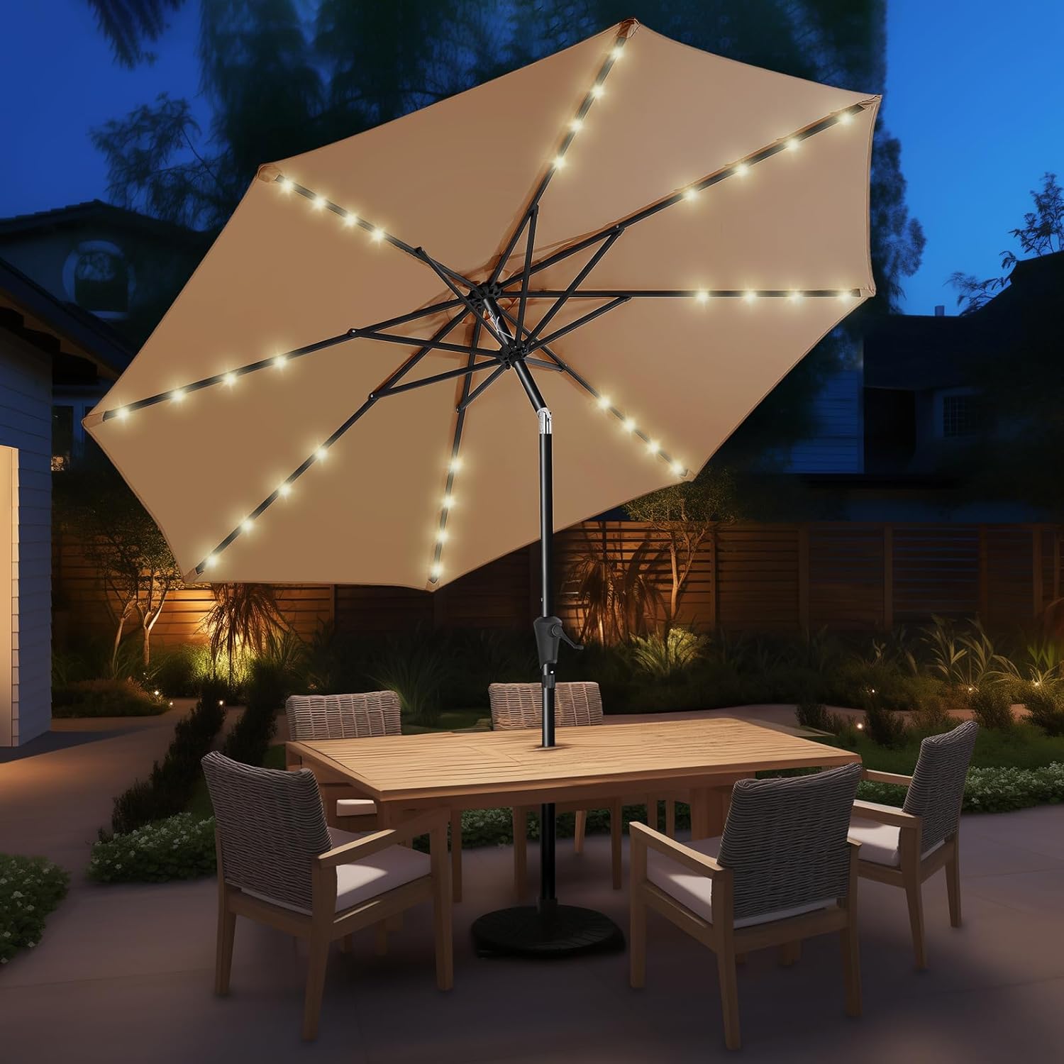 9ft Solar Patio Umbrella - Solar Lights LED Lighted Outdoor Market Table Umbrella