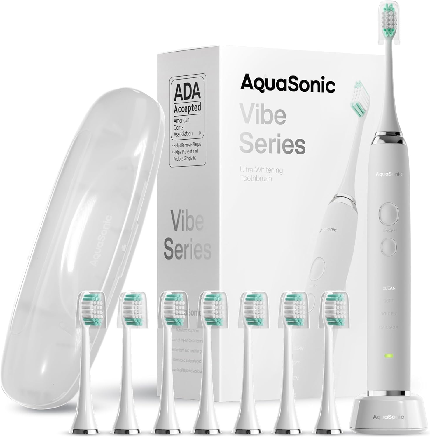 Aquasonic Vibe Series Ultra-Whitening Toothbrush – ADA Accepted Electric Toothbrush - 8 Brush Heads & Travel Case – 40