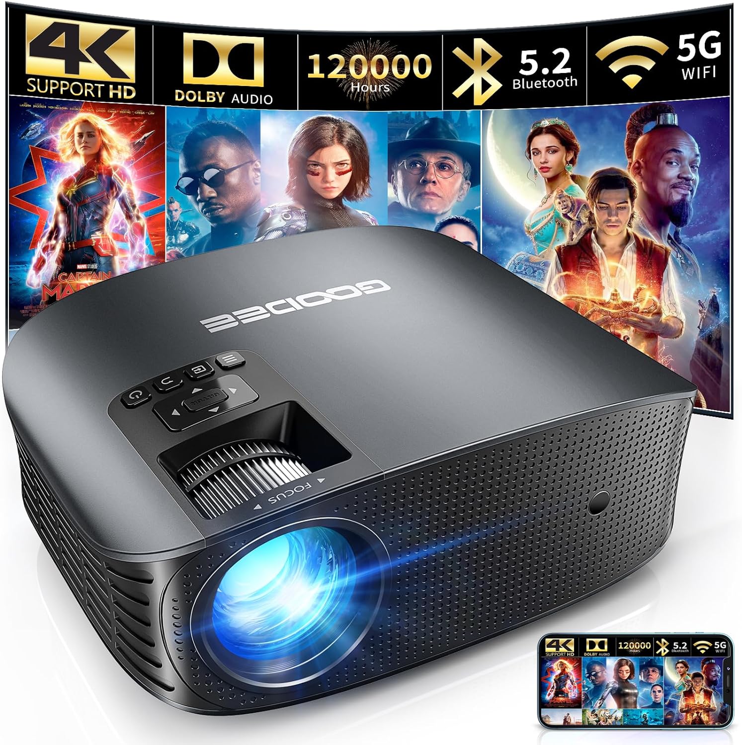 GooDee Projector 4K With WiFi And Bluetooth Supported