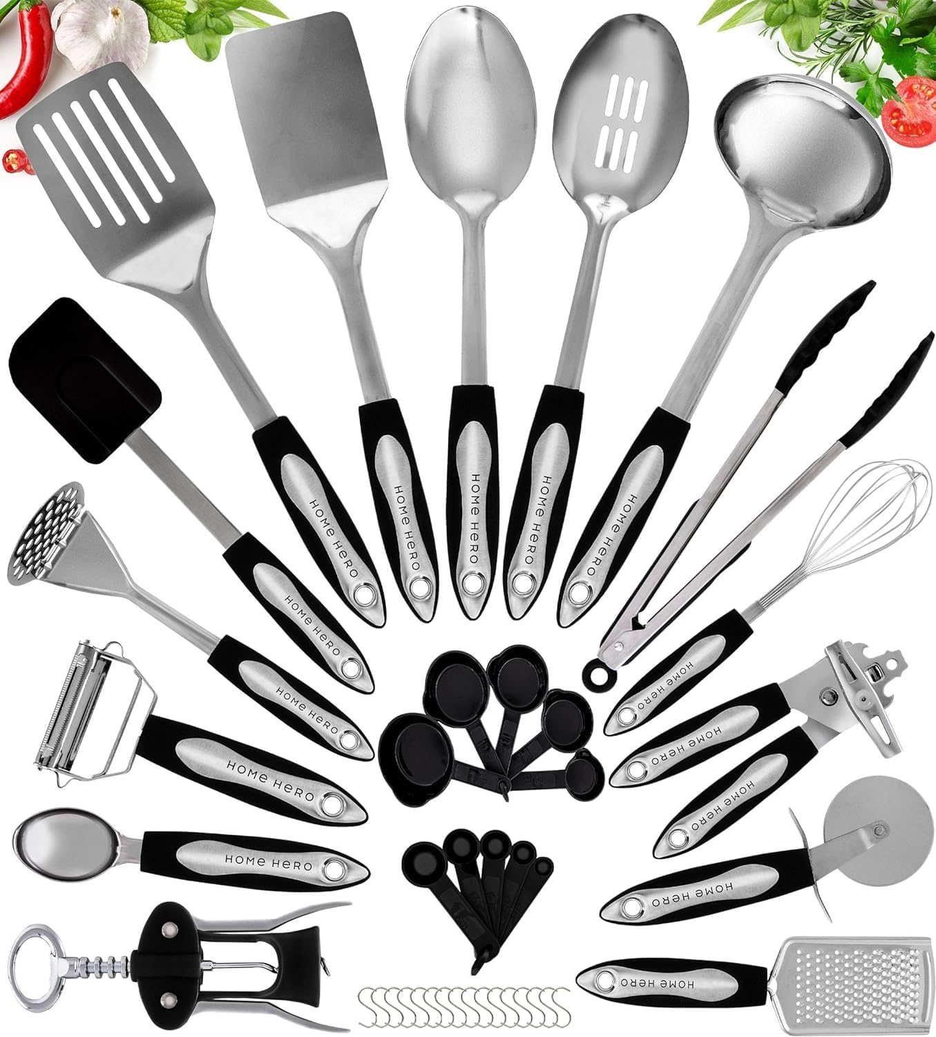 Home Hero 41 Pcs Stainless Steel Kitchen Utensils Set - Nonstick Stainless Steel Cooking Utensils Set - Heat Resistant Kitchen Essentials & Metal Kitchen Gadgets (41 Pcs Set)